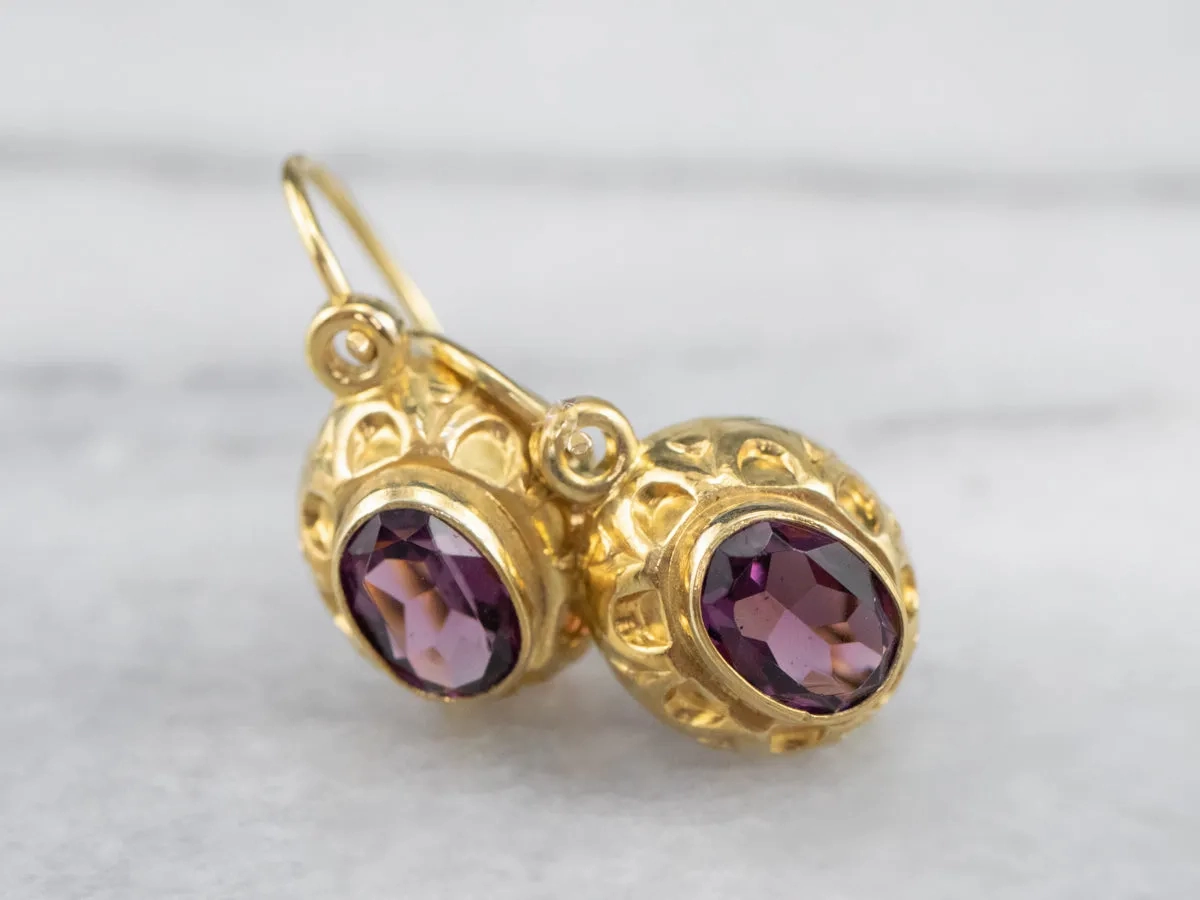 High Karat Gold Purple Glass Drop Earrings