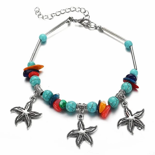 IF ME Bohemian Starfish Beads Stone Anklets for Women BOHO Silver Color Chain Bracelet on Leg Beach Ankle Jewelry 2018 NEW Gifts