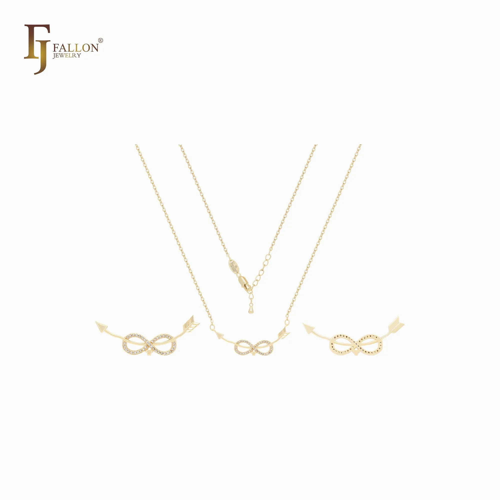 Infinity of white CZs with crossing arrow 14K Gold Necklace