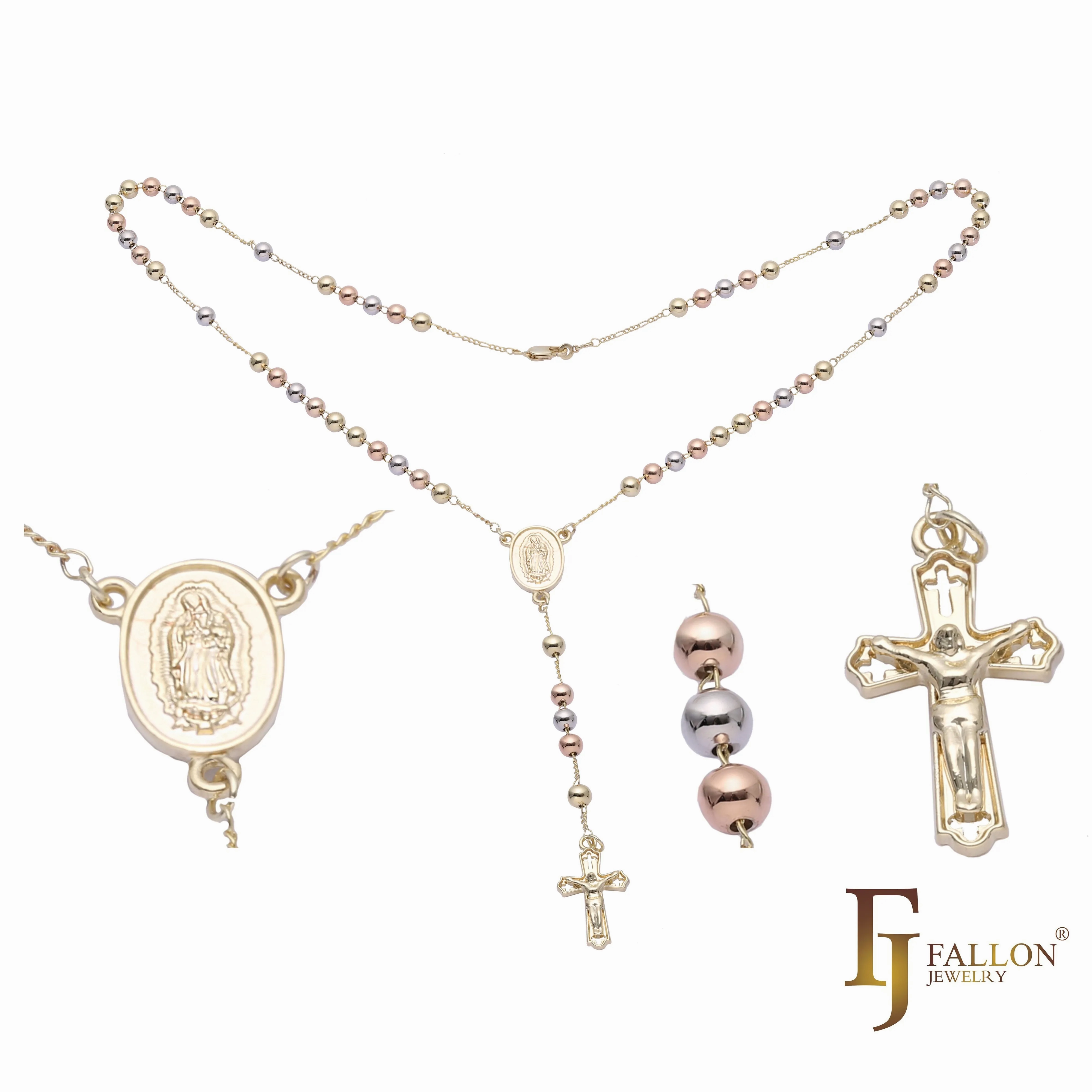 Italian Virgin of Guadalupe Catholic Rosary Necklace plated in 14K Gold two tone