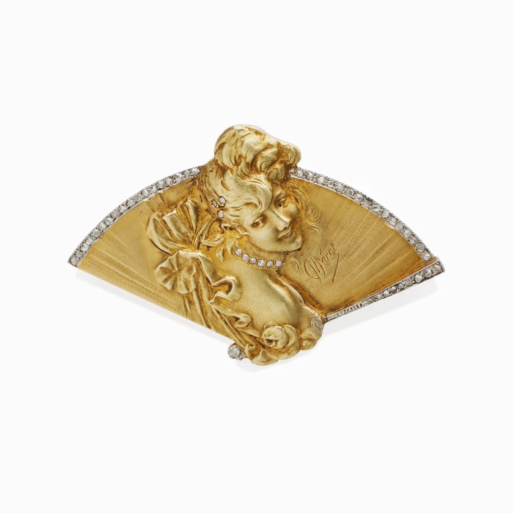 Jules Ch??ret Art Nouveau 18K Gold and Rose-cut Diamond Brooch