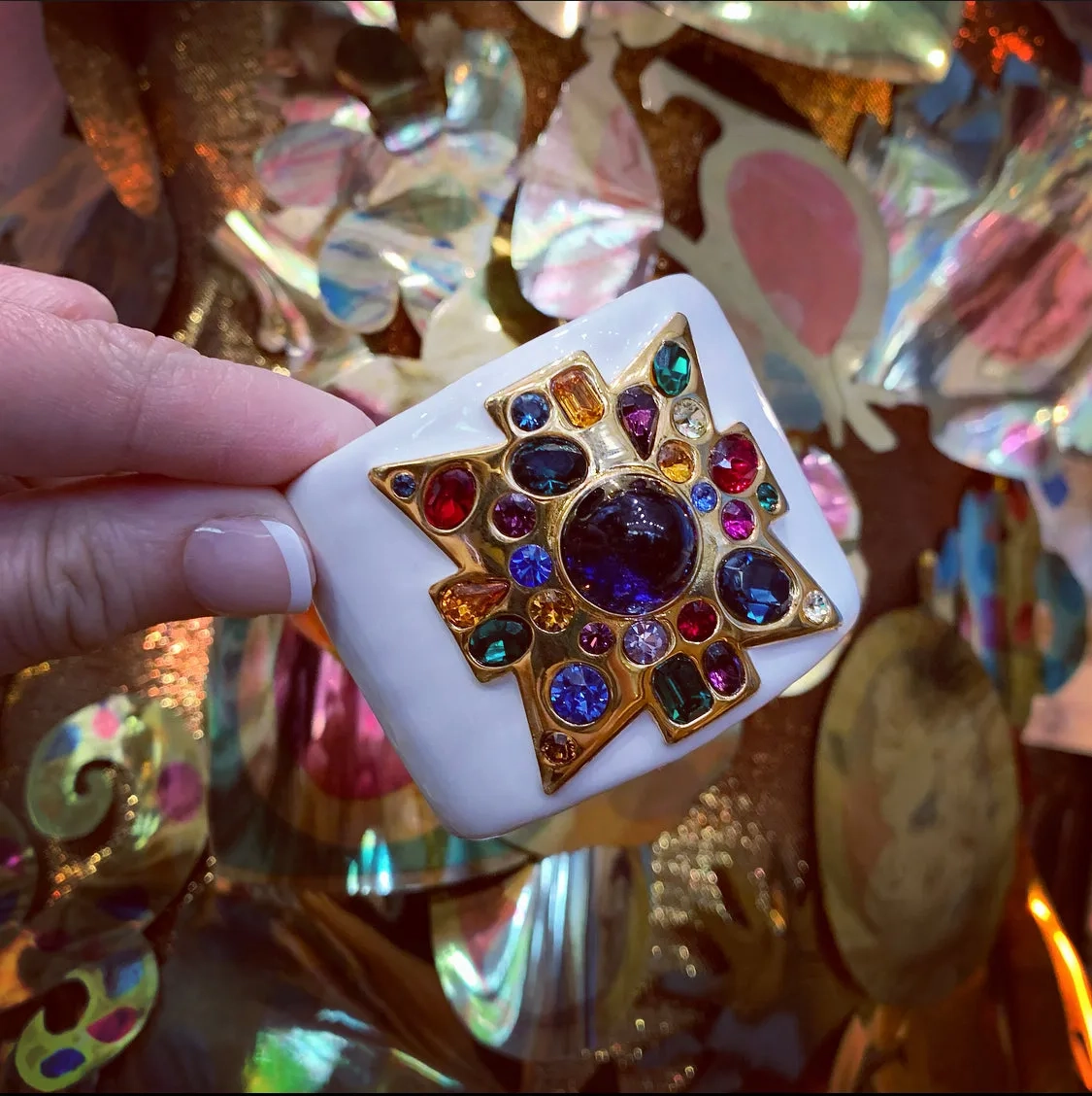 Kenneth Jay Lane Jewelled Cross White Enamel Cuff Bracelet