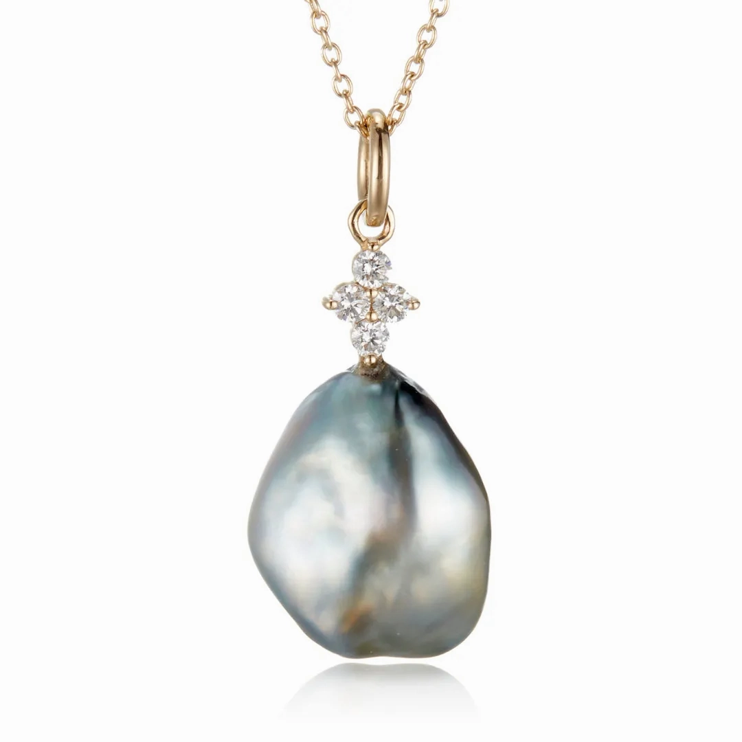 Keshi Tahitian Pearl &amp; Diamond Drop Pendant Necklace