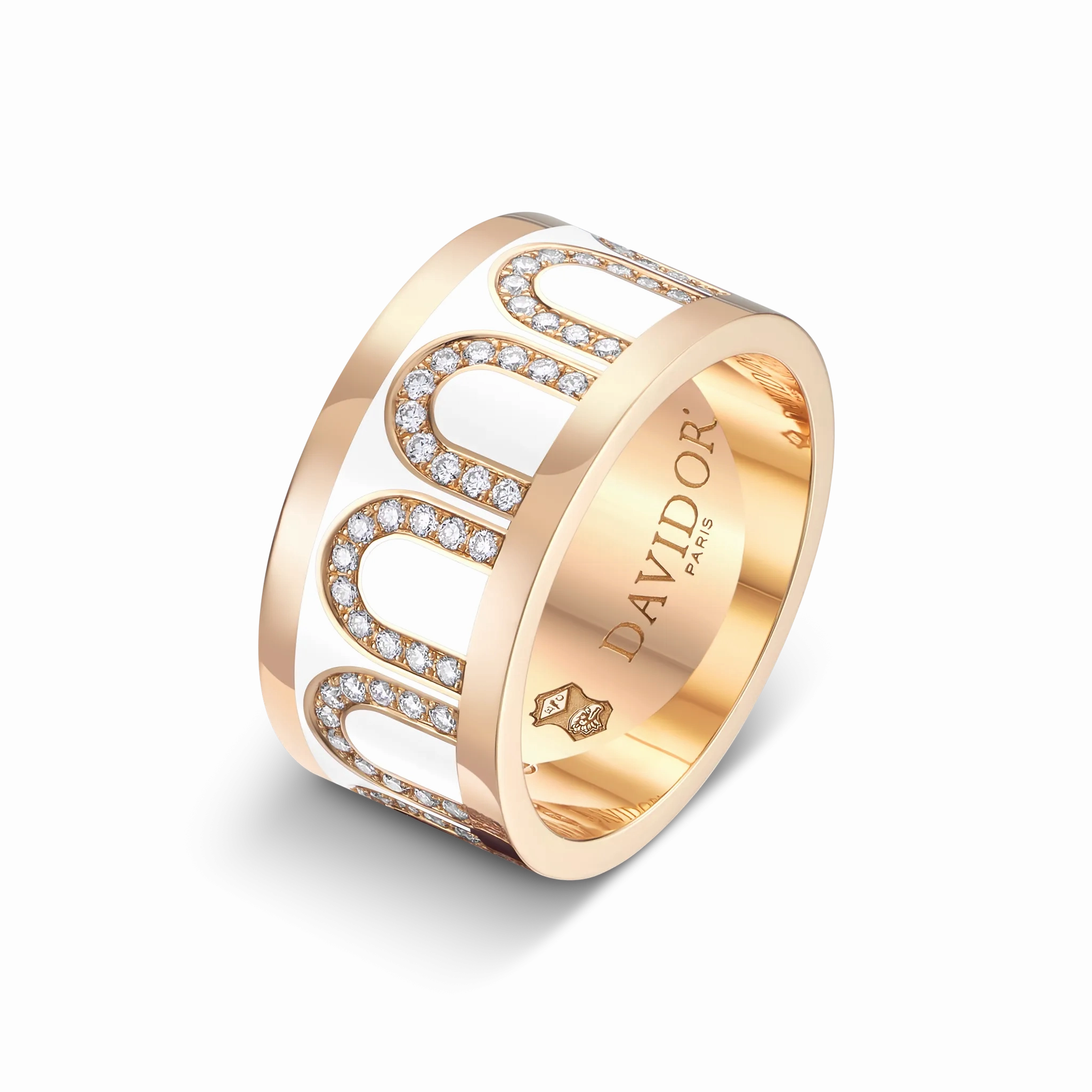 L'Arc de DAVIDOR Ring GM, 18k Rose Gold with Neige Lacquered Ceramic and Arcade Diamonds