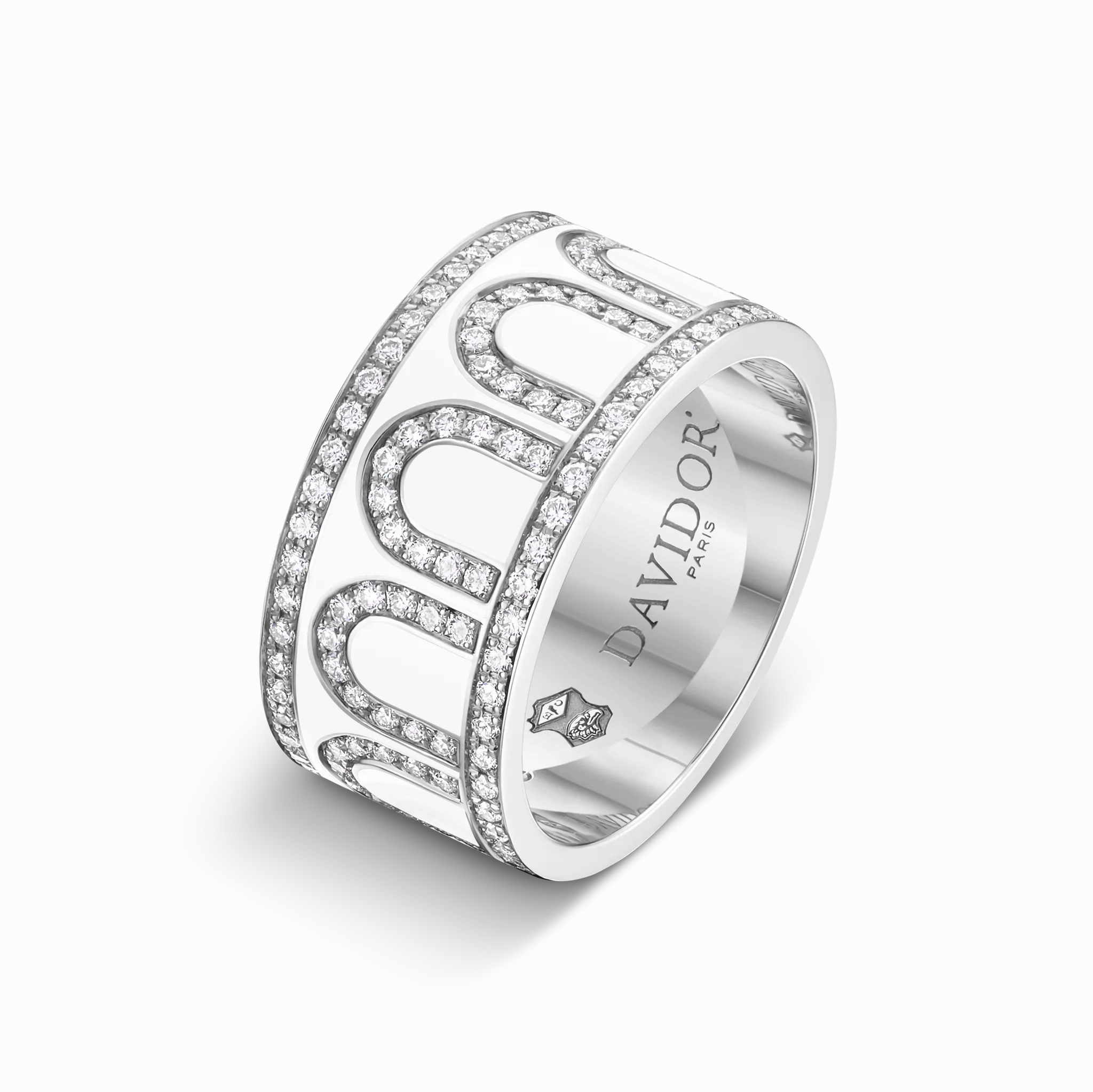 L'Arc de DAVIDOR Ring GM, 18k White Gold with Neige Lacquered Ceramic and Palais Diamonds