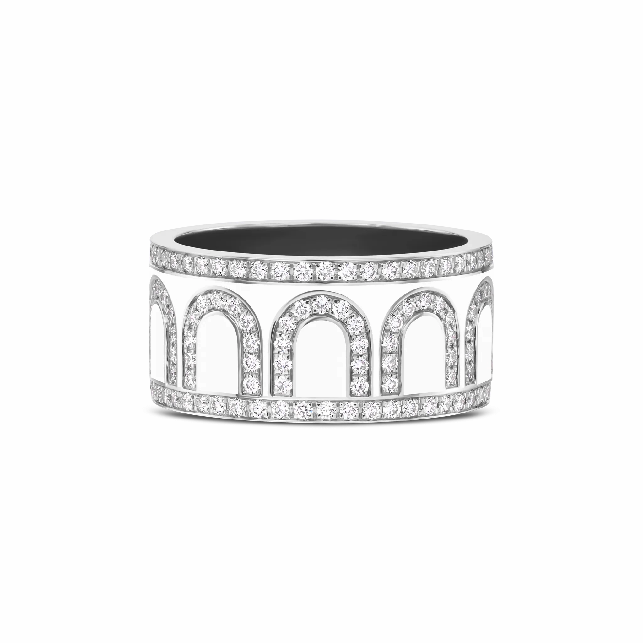 L'Arc de DAVIDOR Ring GM, 18k White Gold with Neige Lacquered Ceramic and Palais Diamonds