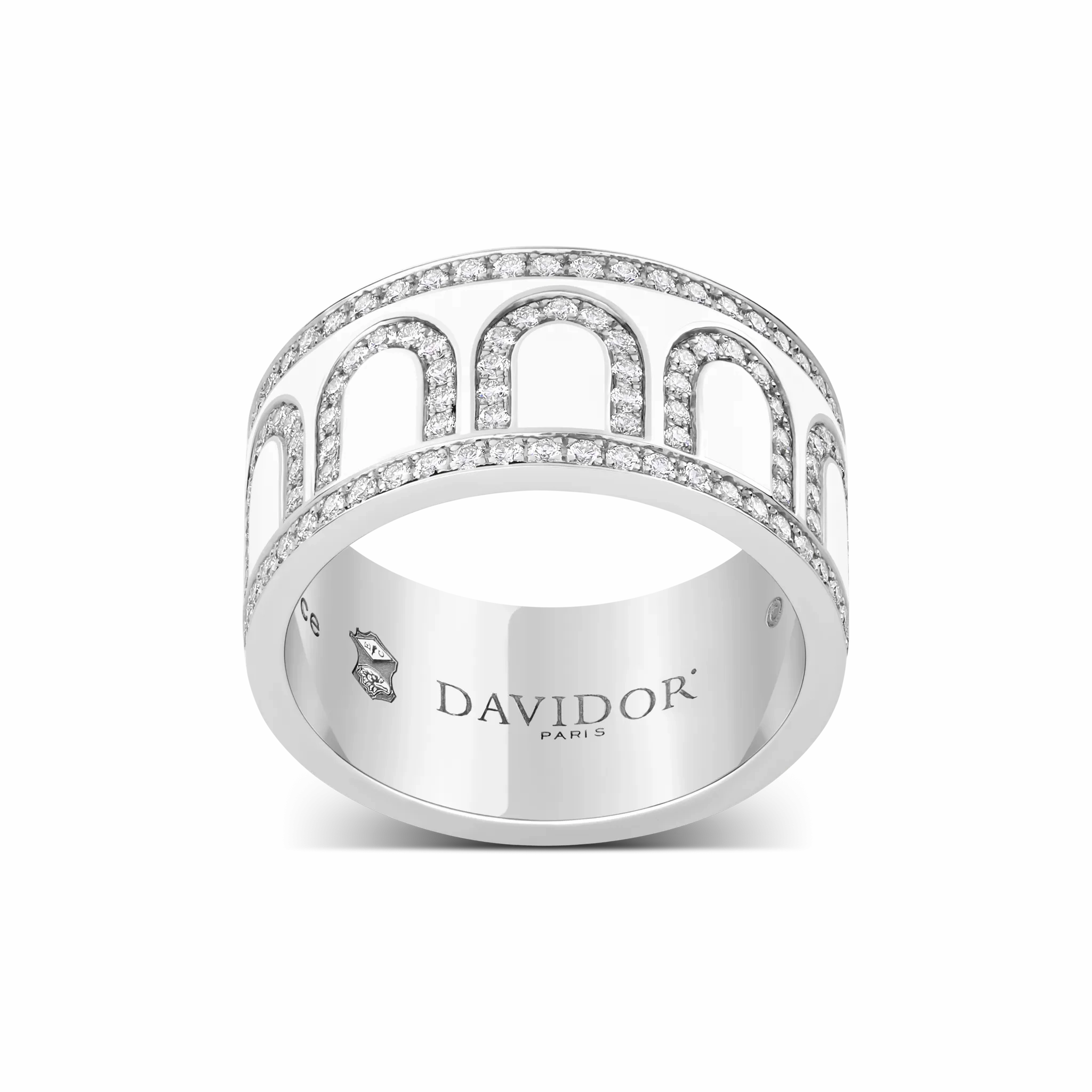 L'Arc de DAVIDOR Ring GM, 18k White Gold with Neige Lacquered Ceramic and Palais Diamonds