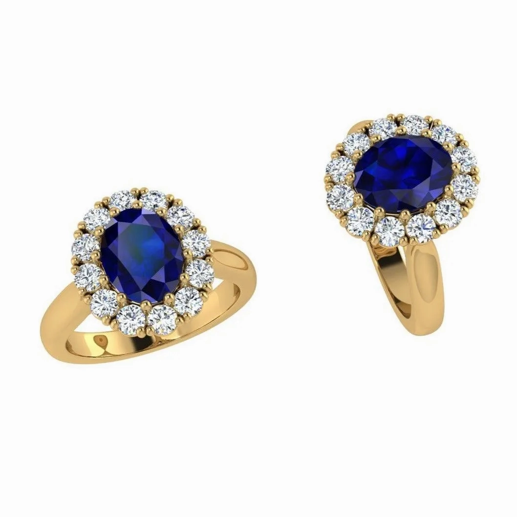 Lab-Grown Oval Sapphire Diamond Halo Ring 14K Gold