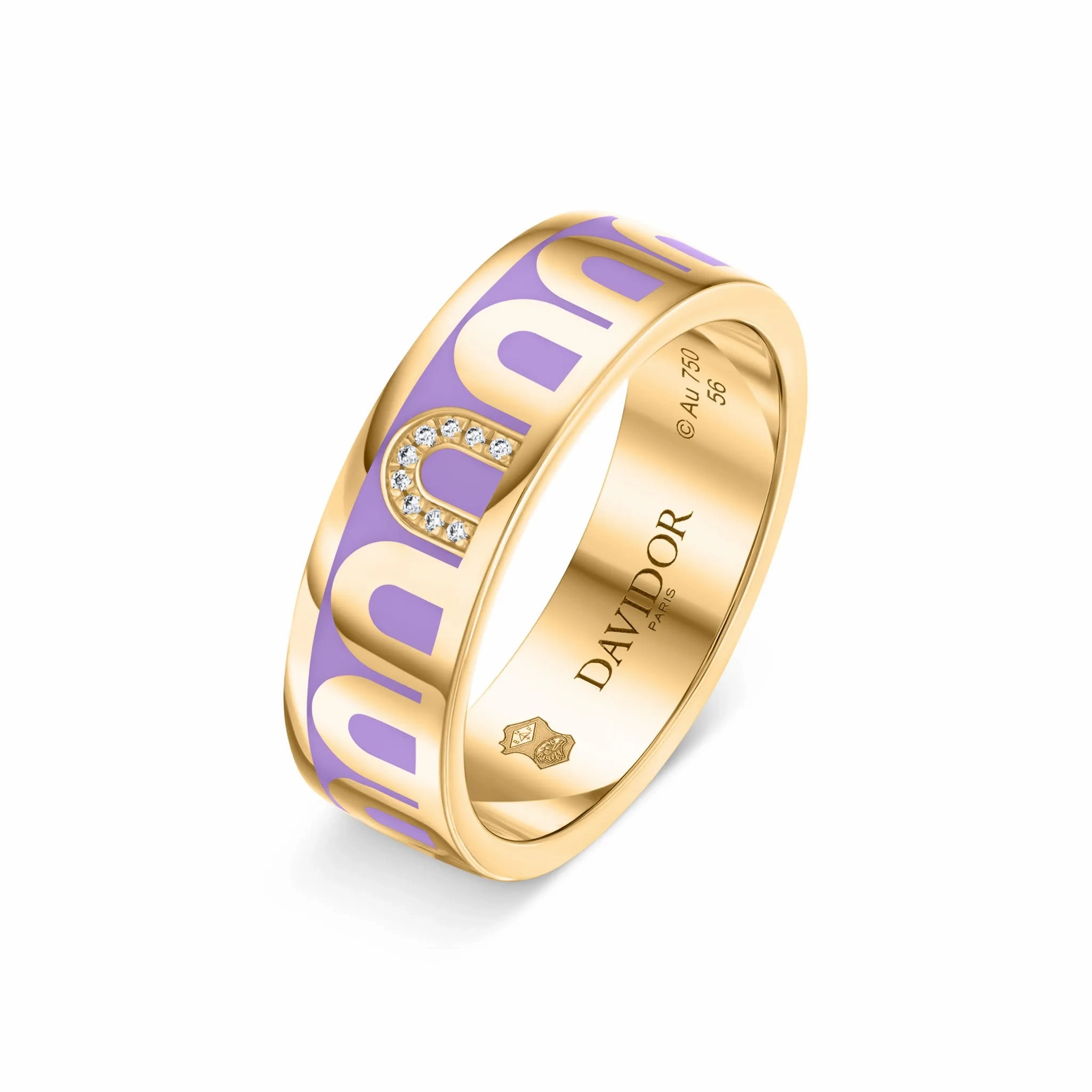 LArc de DAVIDOR Ring MM, 18k Yellow Gold with Lavande Lacquered Ceramic and Porta Simple Diamonds