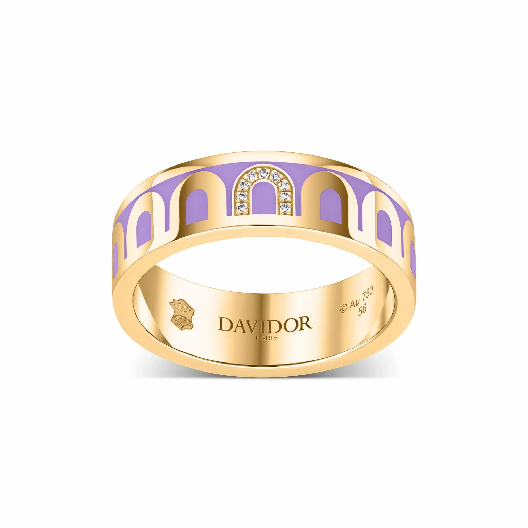 LArc de DAVIDOR Ring MM, 18k Yellow Gold with Lavande Lacquered Ceramic and Porta Simple Diamonds