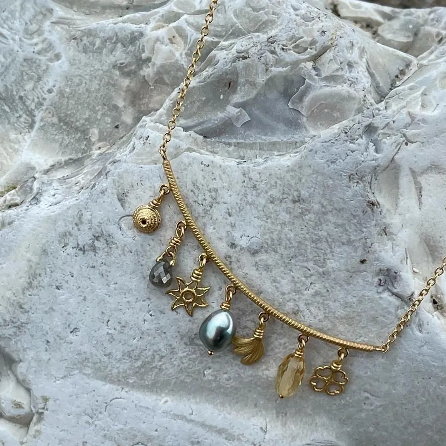 Linea Piccolo Golden Desert 18K Gold Necklace w. Citrin &amp; Pearl