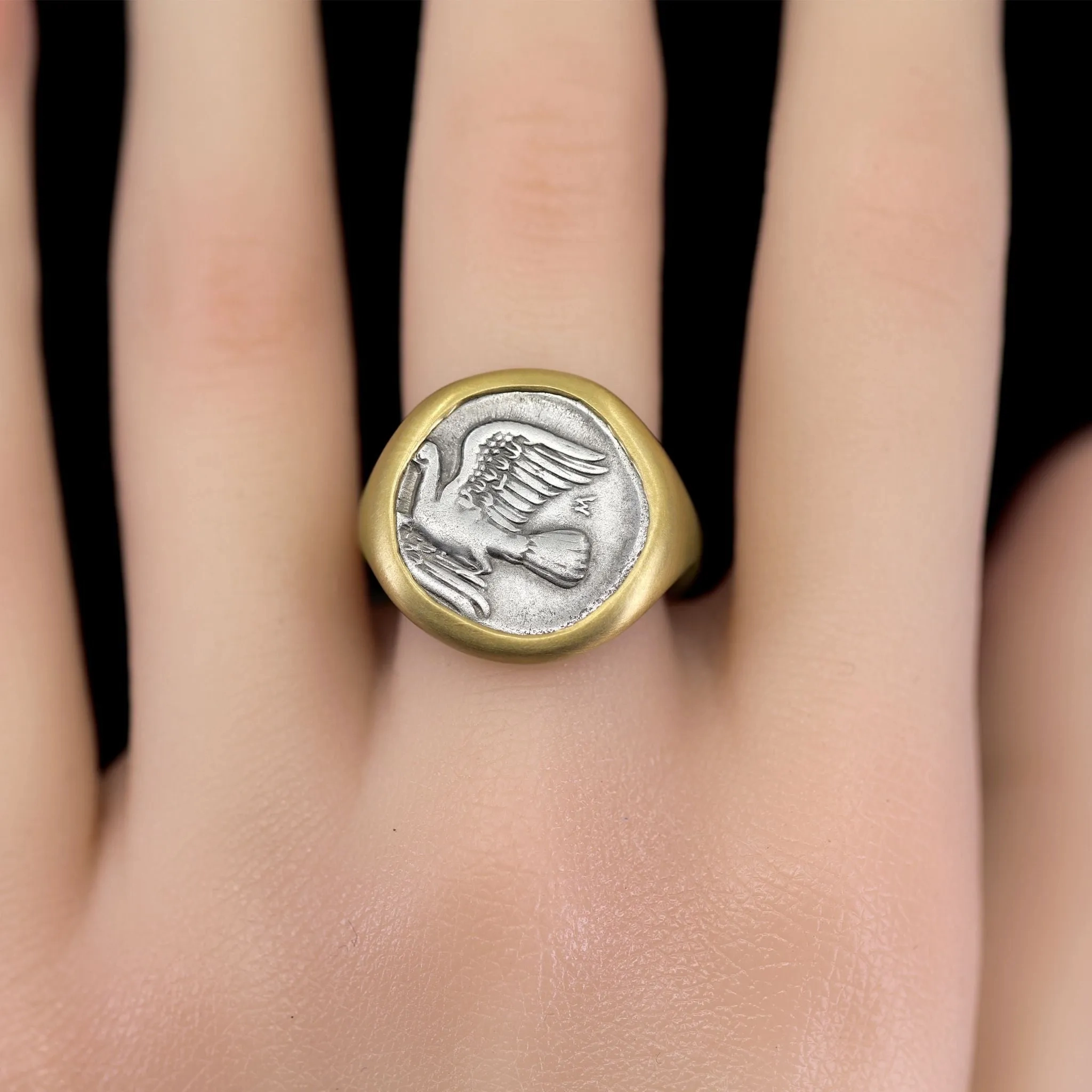 Lola Brooks Ancient Greek Dove Silver Coin Yellow Gold One of a Kind Ring