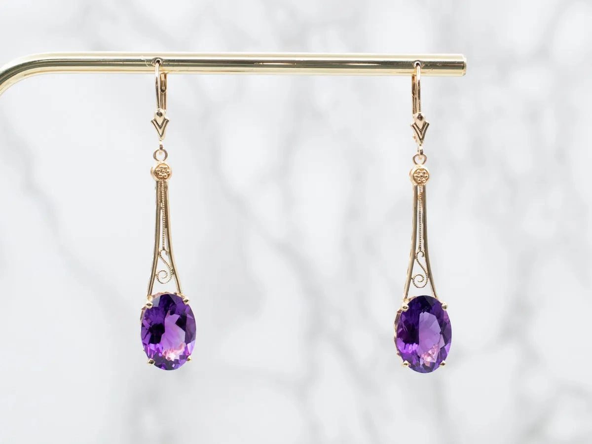 Long Scrolling Gold Amethyst Drop Earrings