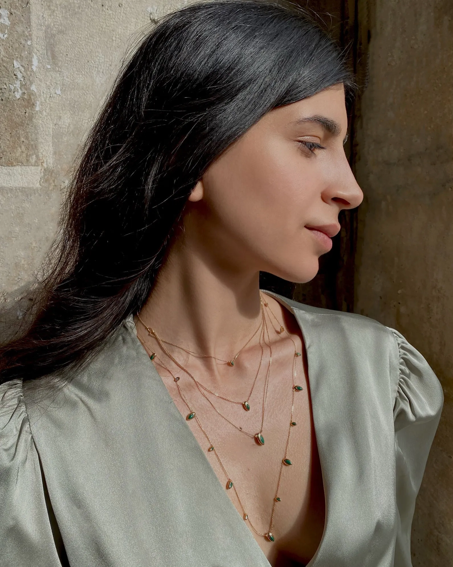 Long Swinging Chain 18K Rosegold Necklace w. Malachite &amp; Pearl