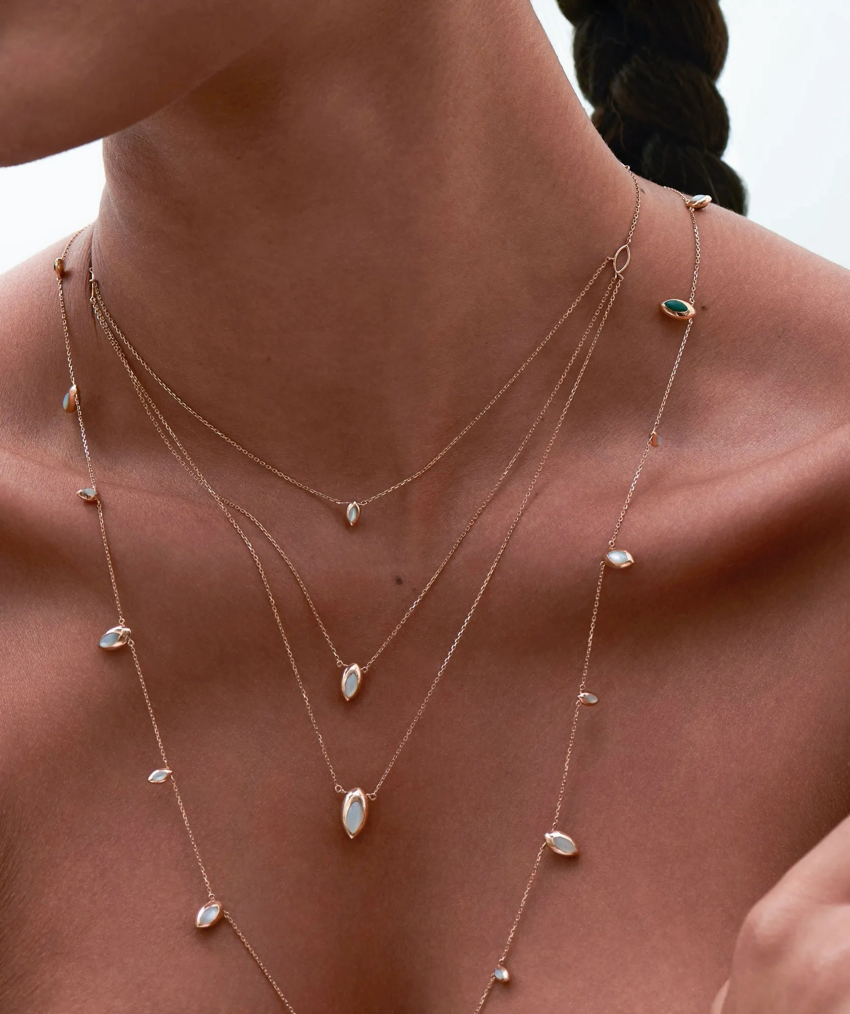 Long Swinging Chain 18K Rosegold Necklace w. Malachite &amp; Pearl