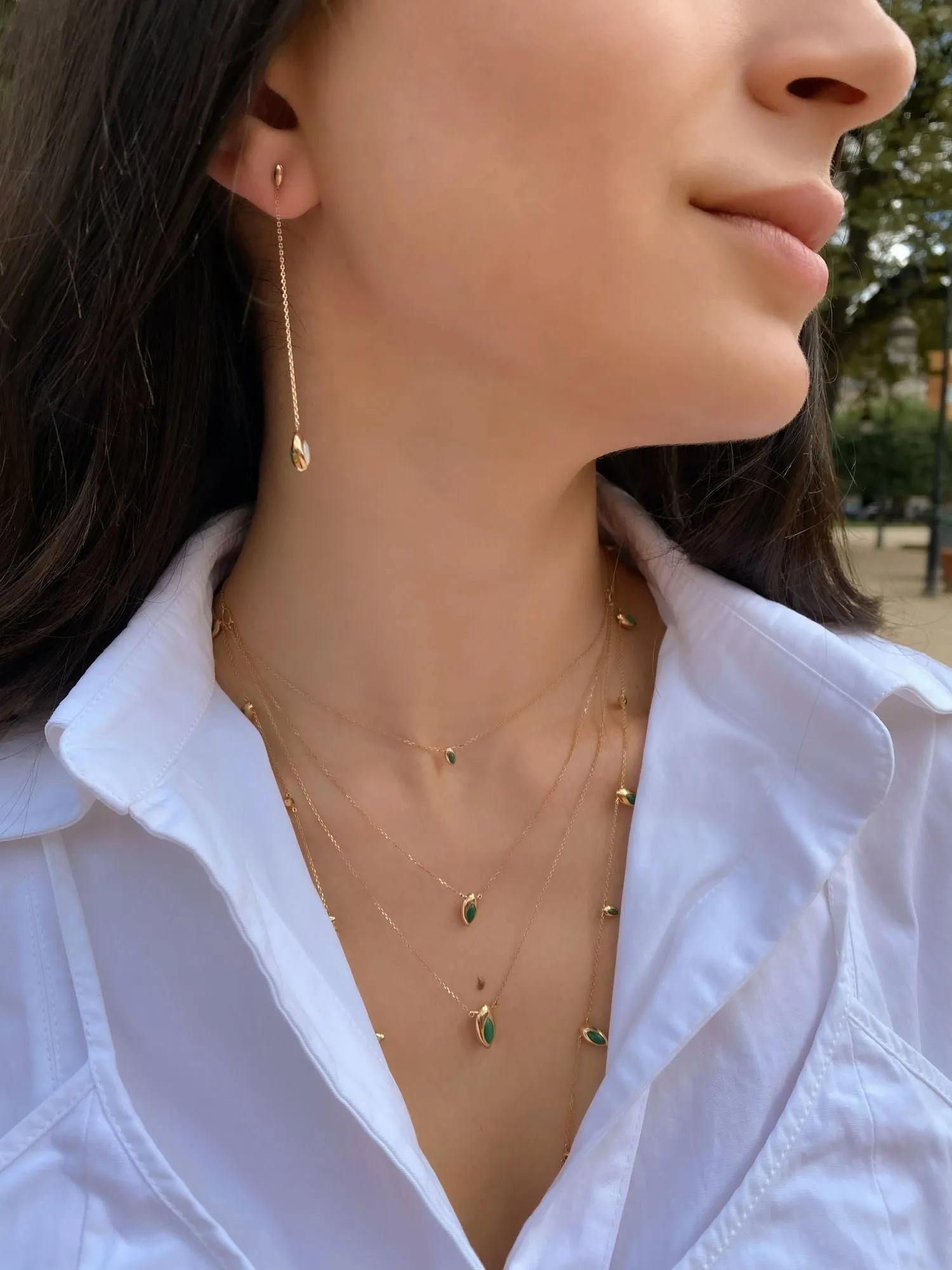 Long Swinging Chain 18K Rosegold Necklace w. Malachite &amp; Pearl