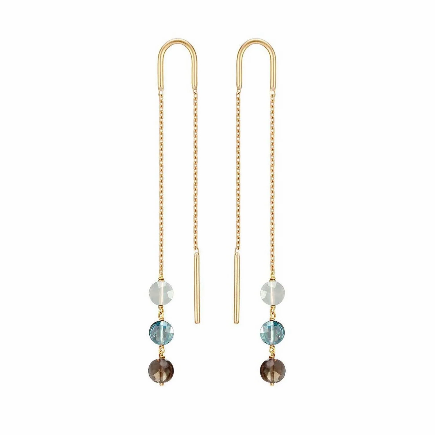 Long Trio Threader Earrings 18k gold Blue Topaz Moonstone Smoky Quartz