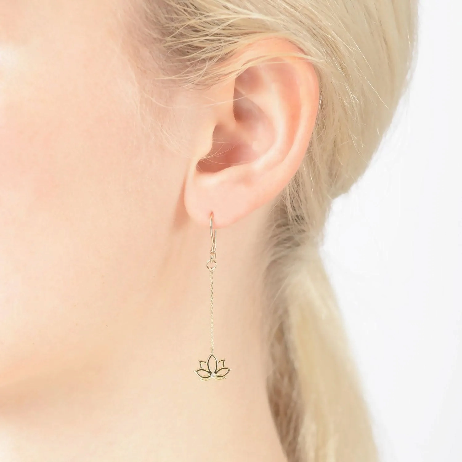 Lotus One Diamond Long Earrings 9k Yellow Gold