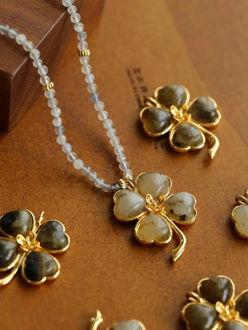 Lucky Four-leaf Clover Labradorite Charm Necklace