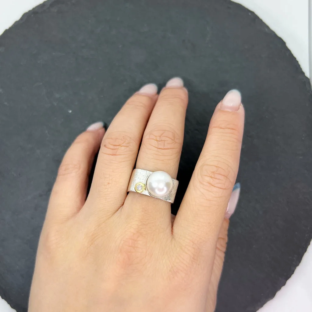 Mab Pearl &amp; CZ Diamond Ring Wide Square Stacking Ring