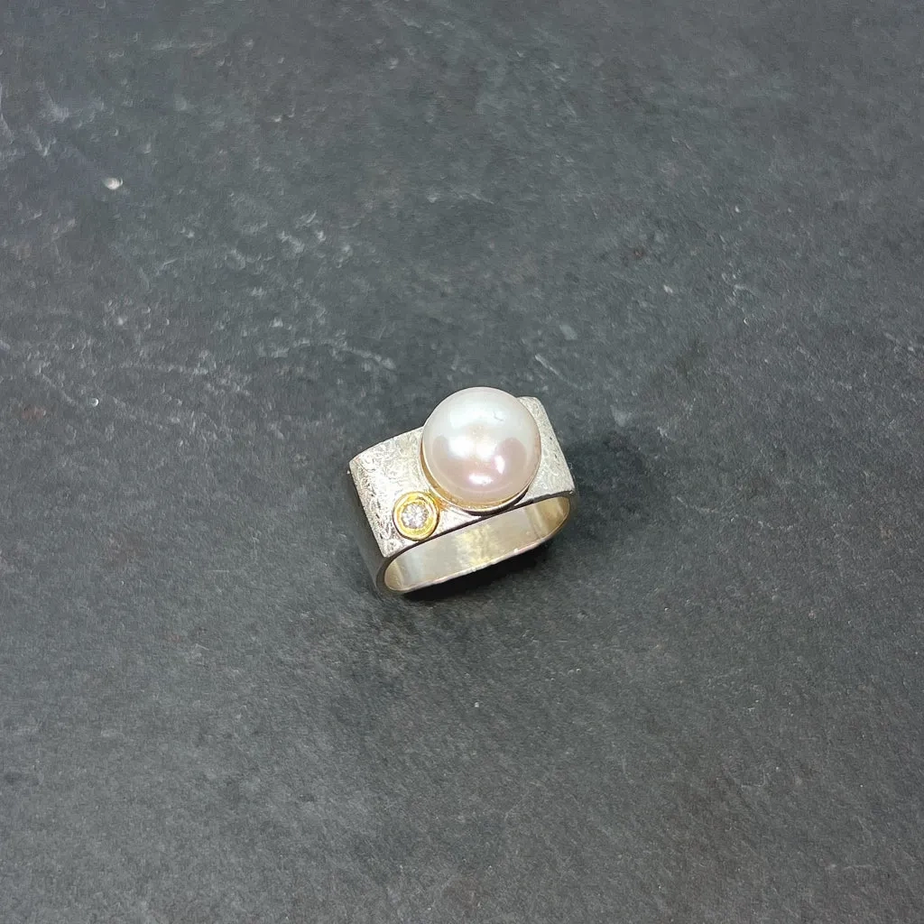Mab Pearl &amp; CZ Diamond Ring Wide Square Stacking Ring