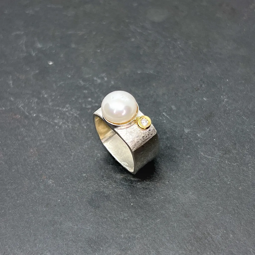 Mab Pearl &amp; CZ Diamond Ring Wide Square Stacking Ring