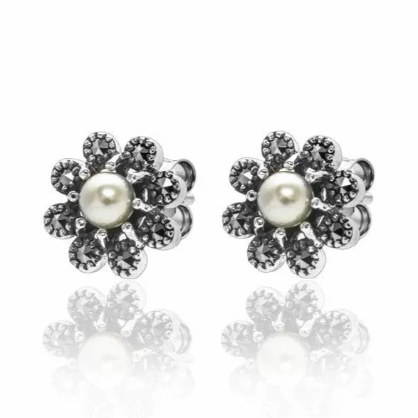 Marcasite &amp; Pearl Flower Studs