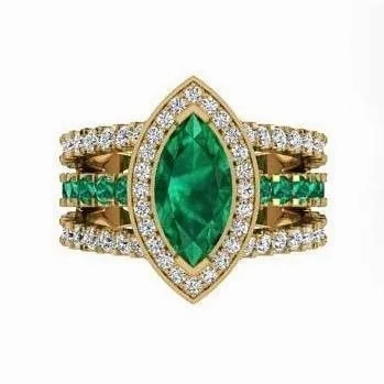 Marquise Diamond and Emerald Ring 18K Yellow Gold