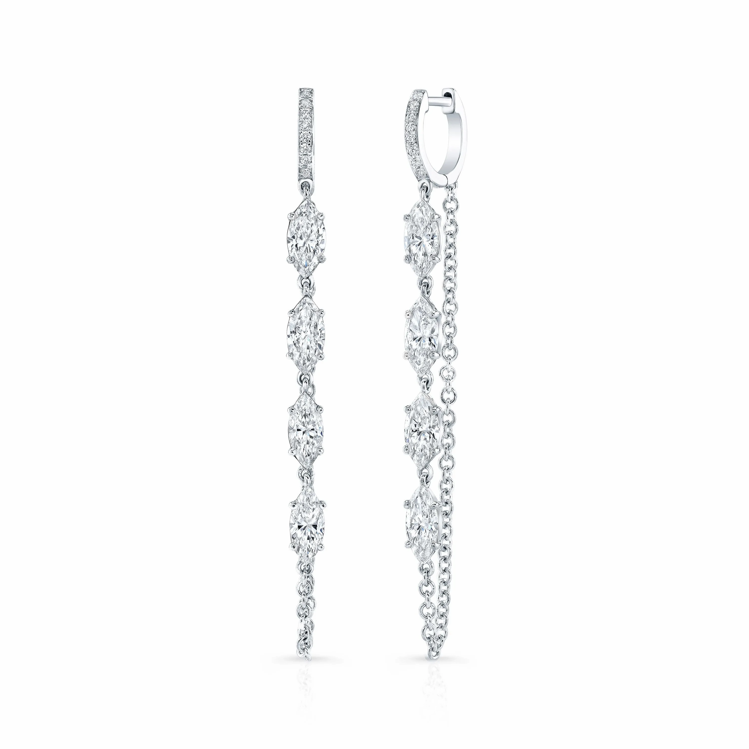 Marquise Diamond Huggie Chain Drop Earrings in 18kt White Gold