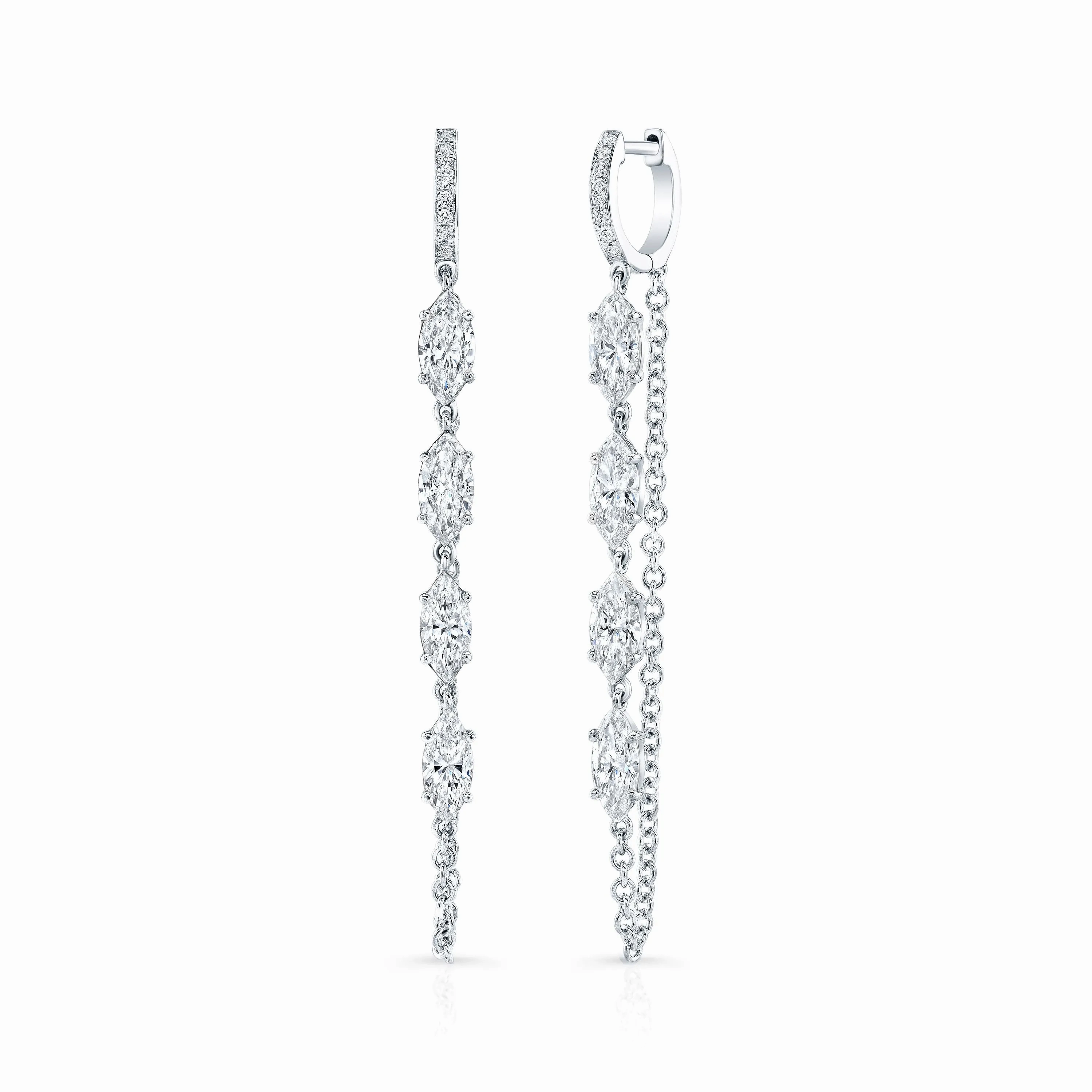Marquise Diamond Huggie Chain Drop Earrings in 18kt White Gold