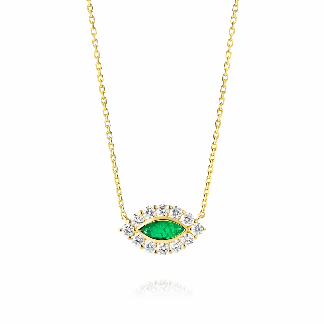 Marquise Evil Eye Colombian Emerald And Diamond Pendant Yellow Gold