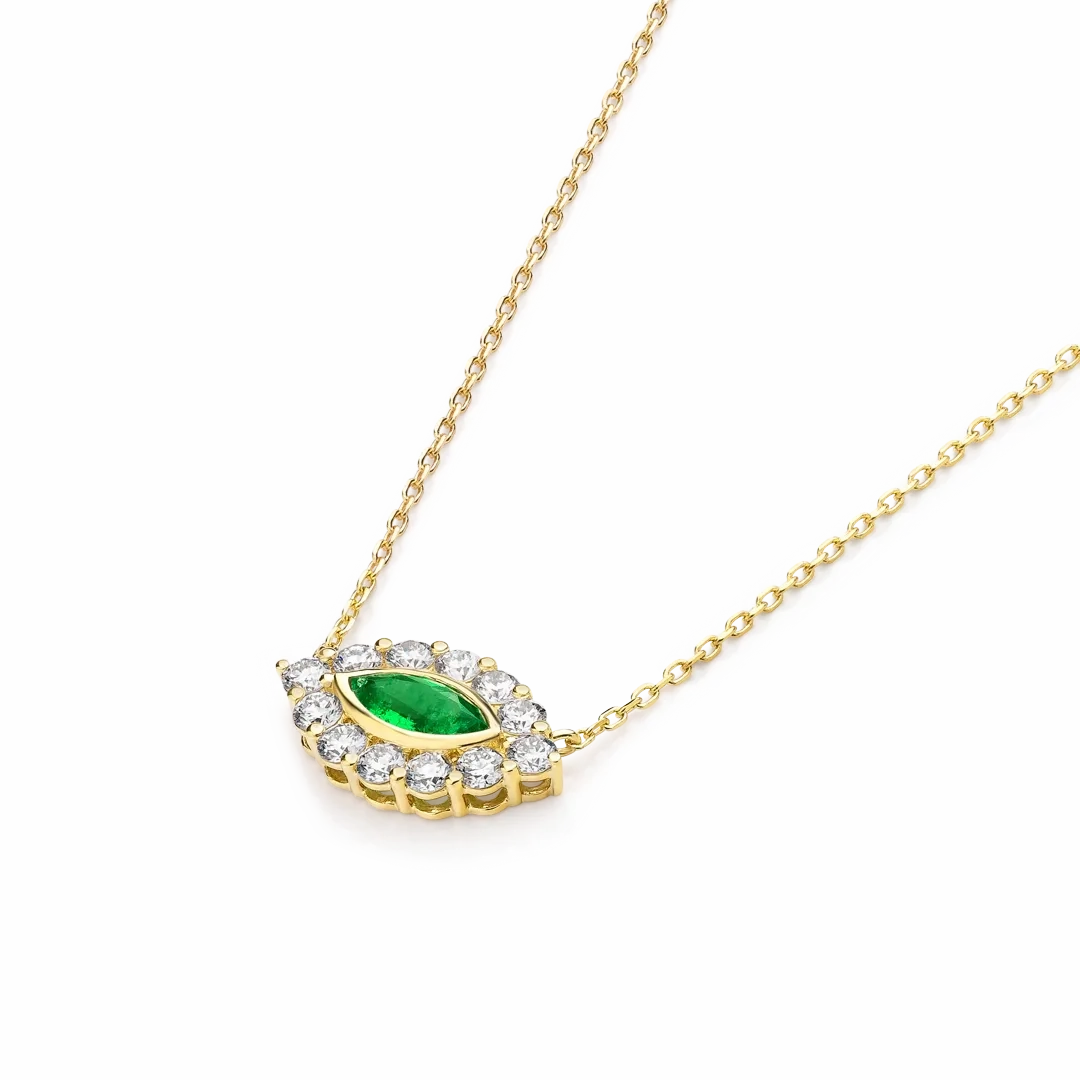 Marquise Evil Eye Colombian Emerald And Diamond Pendant Yellow Gold