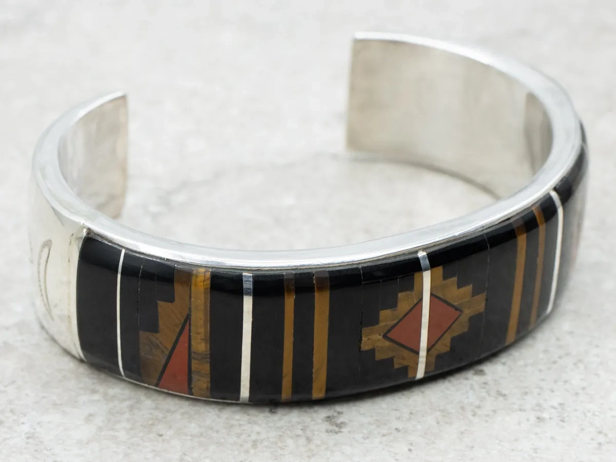 Mary Morgan Vintage Navajo Tigers Eye Onyx and Jasper Inlay Sterling Silver Bracelet