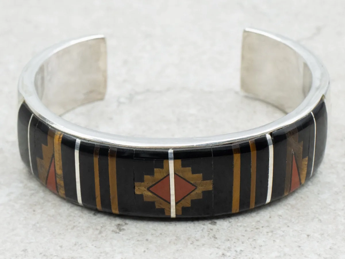 Mary Morgan Vintage Navajo Tigers Eye Onyx and Jasper Inlay Sterling Silver Bracelet