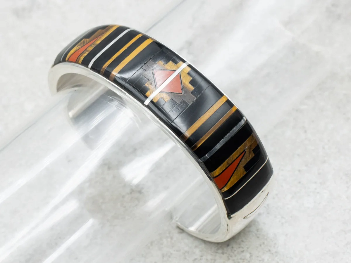 Mary Morgan Vintage Navajo Tigers Eye Onyx and Jasper Inlay Sterling Silver Bracelet