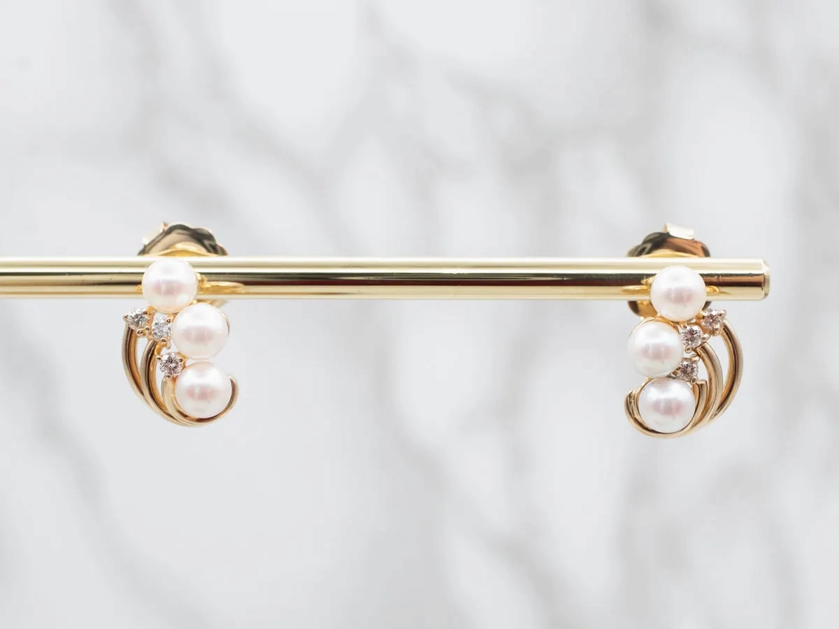 Mid Century Pearl and Diamond Stud Earrings