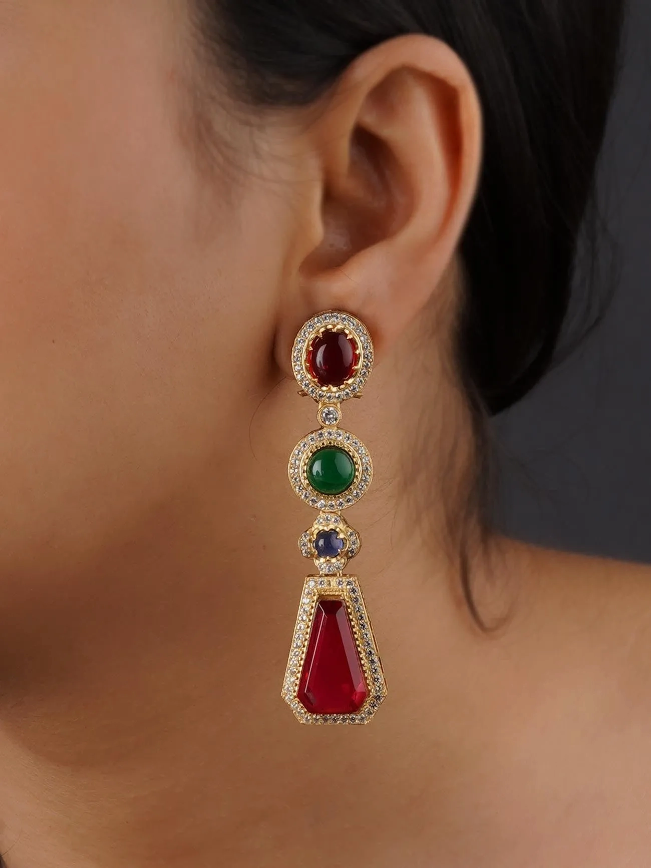 Multicolor Gold Plated Faux Diamond Earrings - CZEAR556M
