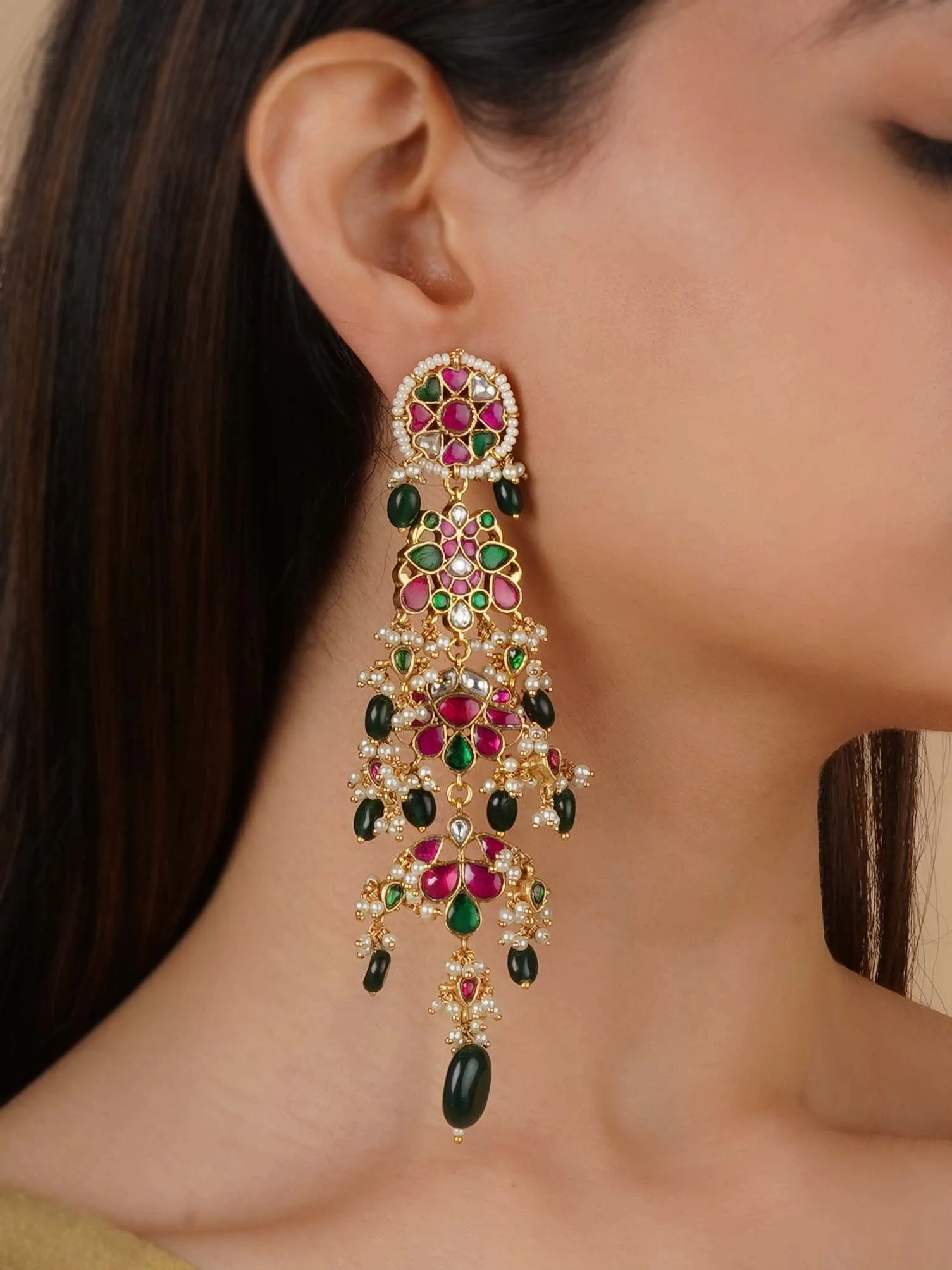 Multicolor Gold Plated Jadau Kundan Earrings - ME1091M