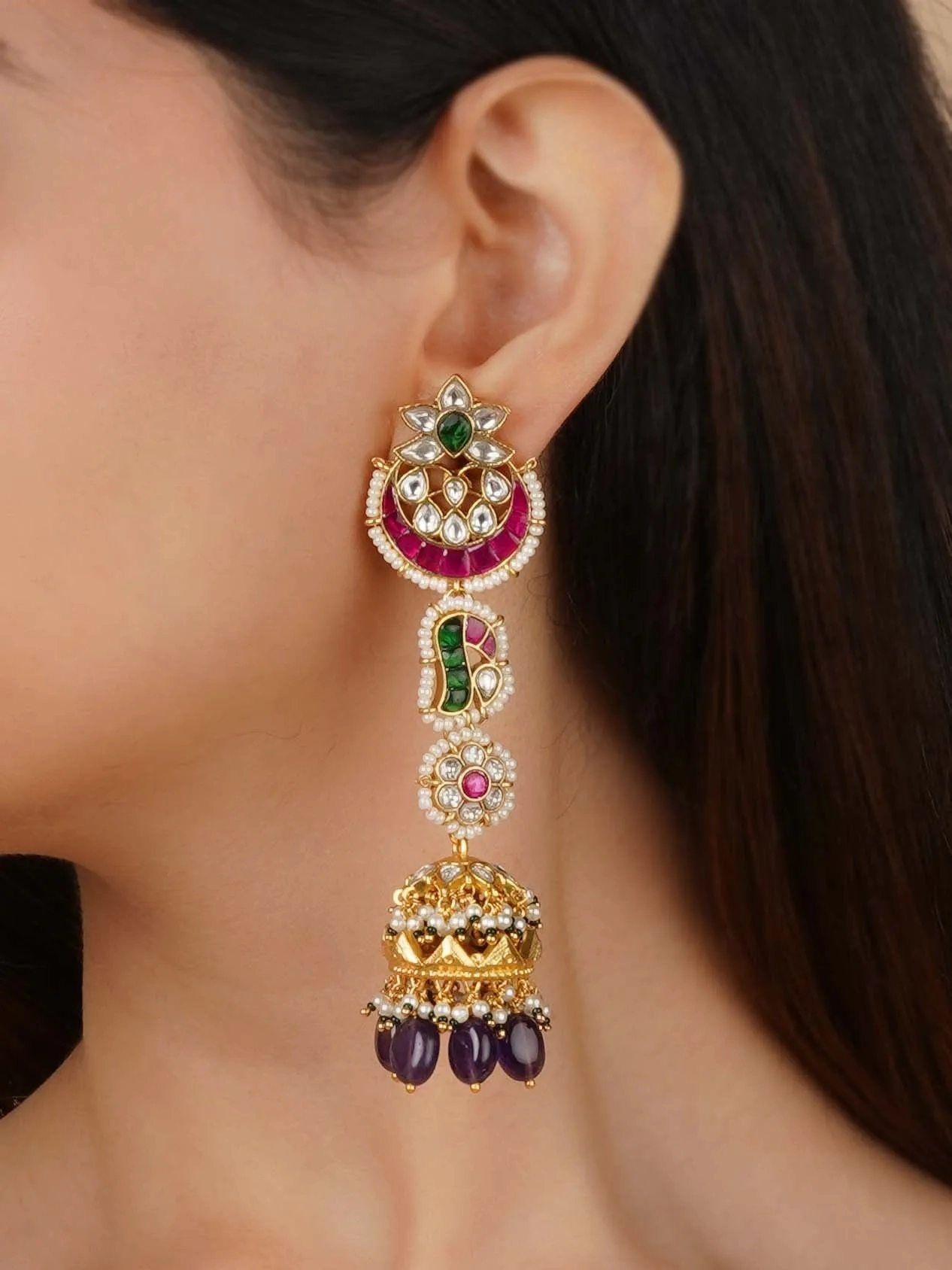 Multicolor Gold Plated Jadau Kundan Earrings - ME1191M