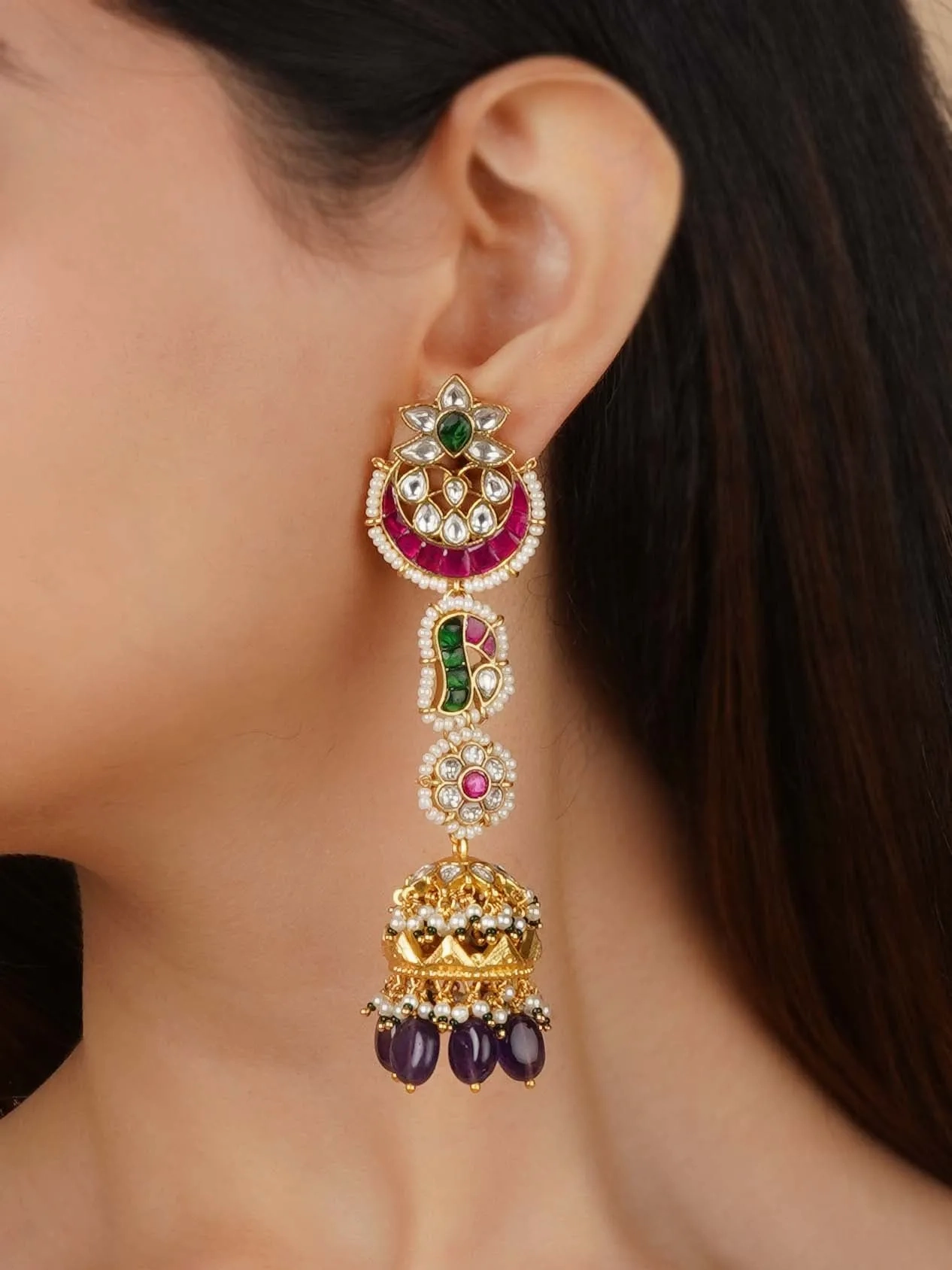 Multicolor Gold Plated Jadau Kundan Earrings - ME1191M