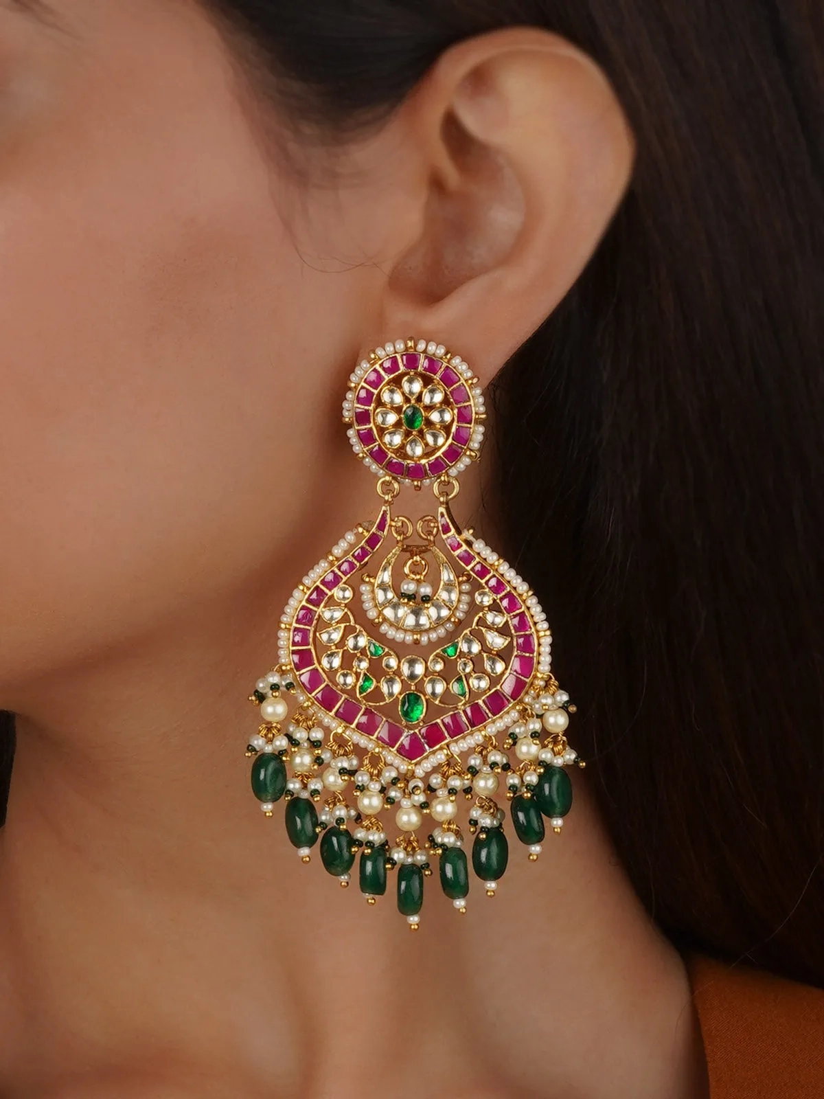 Multicolor Gold Plated Jadau Kundan Earrings - ME1308M