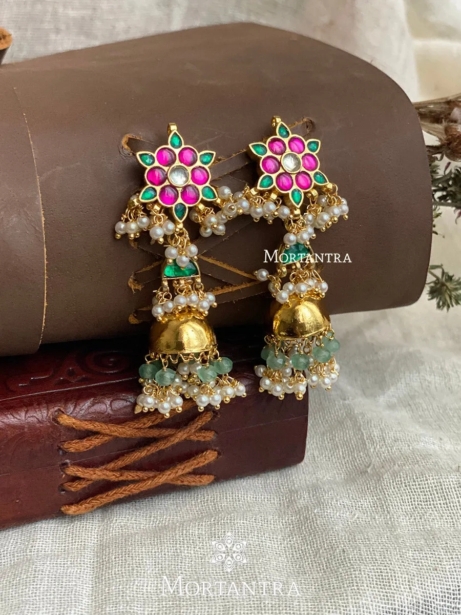 Multicolor Gold Plated Jadau Kundan Earrings - ME989M
