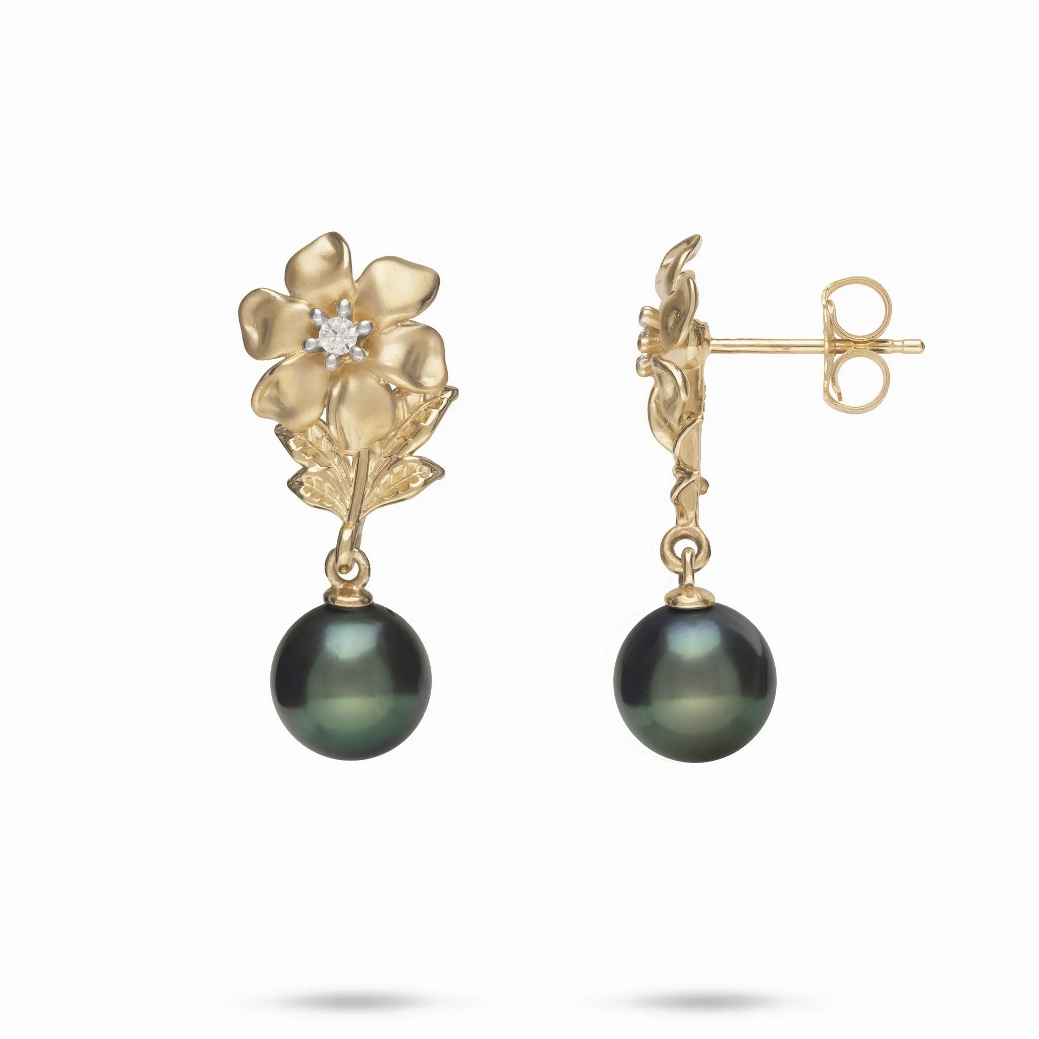 N????? Tahitian Black Pearl Earrings in Gold with Diamonds - 8-9mm