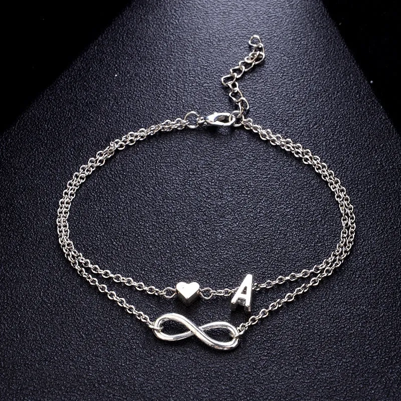 New Fashion silver multi-layer heart 26 letters 8 words pendant Bracelets for women jewelry foot chain anklets accessories gift
