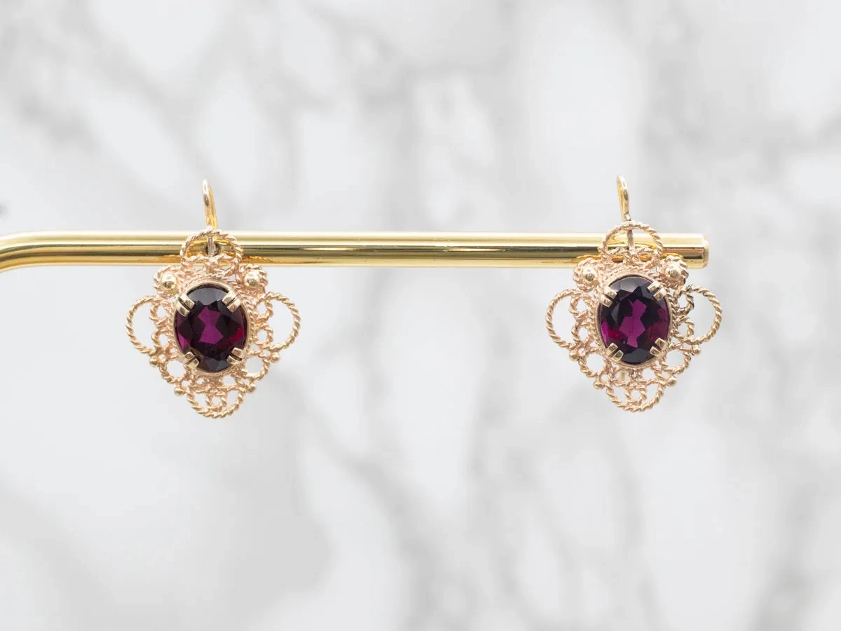 Ornate Gold Pyrope Garnet Filigree Drop Earrings