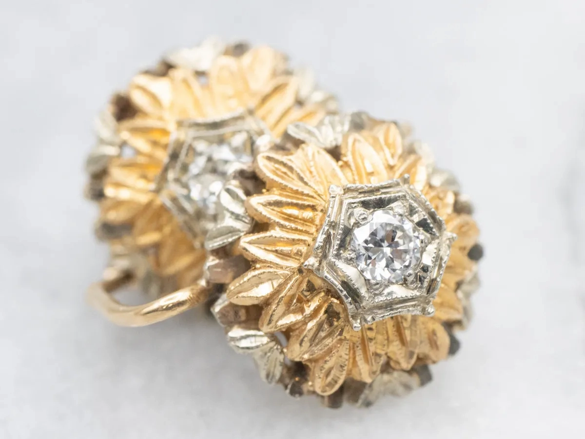 Ornate Vintage Two Tone Diamond Flower Drop Earrings