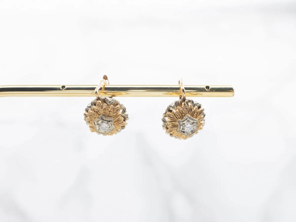 Ornate Vintage Two Tone Diamond Flower Drop Earrings