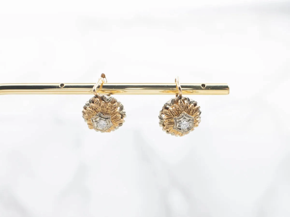 Ornate Vintage Two Tone Diamond Flower Drop Earrings