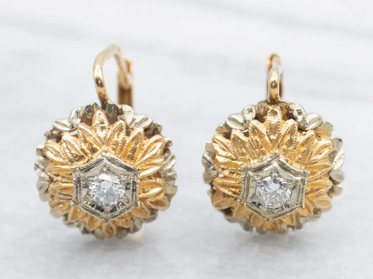 Ornate Vintage Two Tone Diamond Flower Drop Earrings