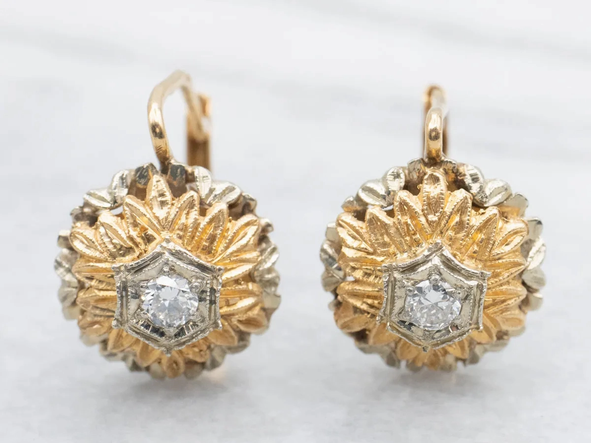 Ornate Vintage Two Tone Diamond Flower Drop Earrings